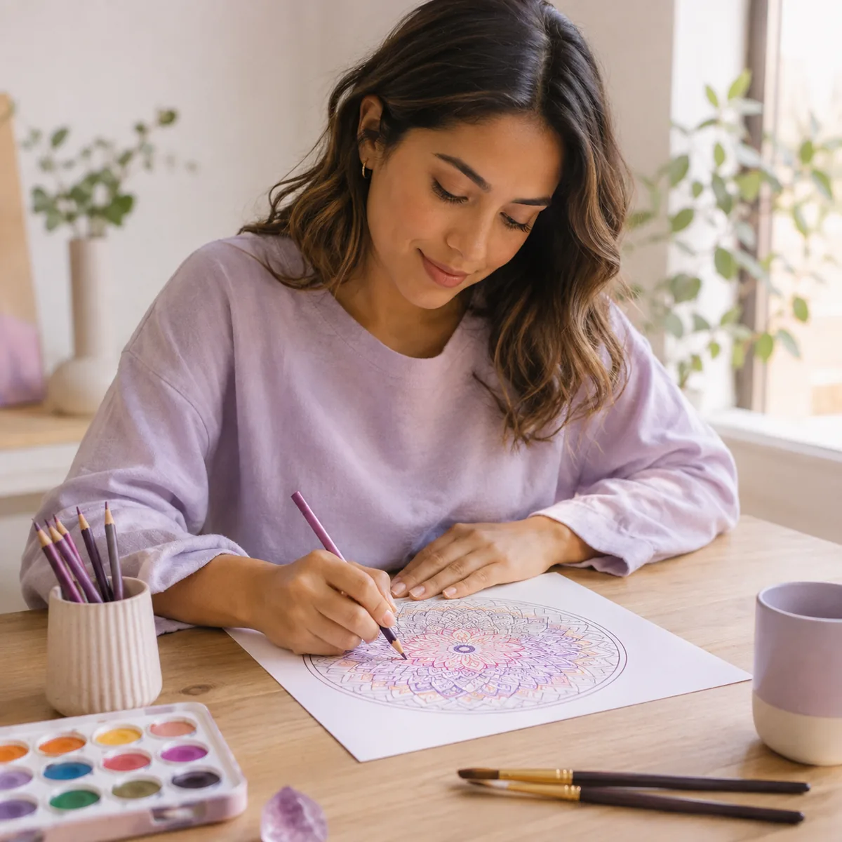 Mujer coloreando un mandala de arteterapia sobre una mesa con lápices y acuarelas