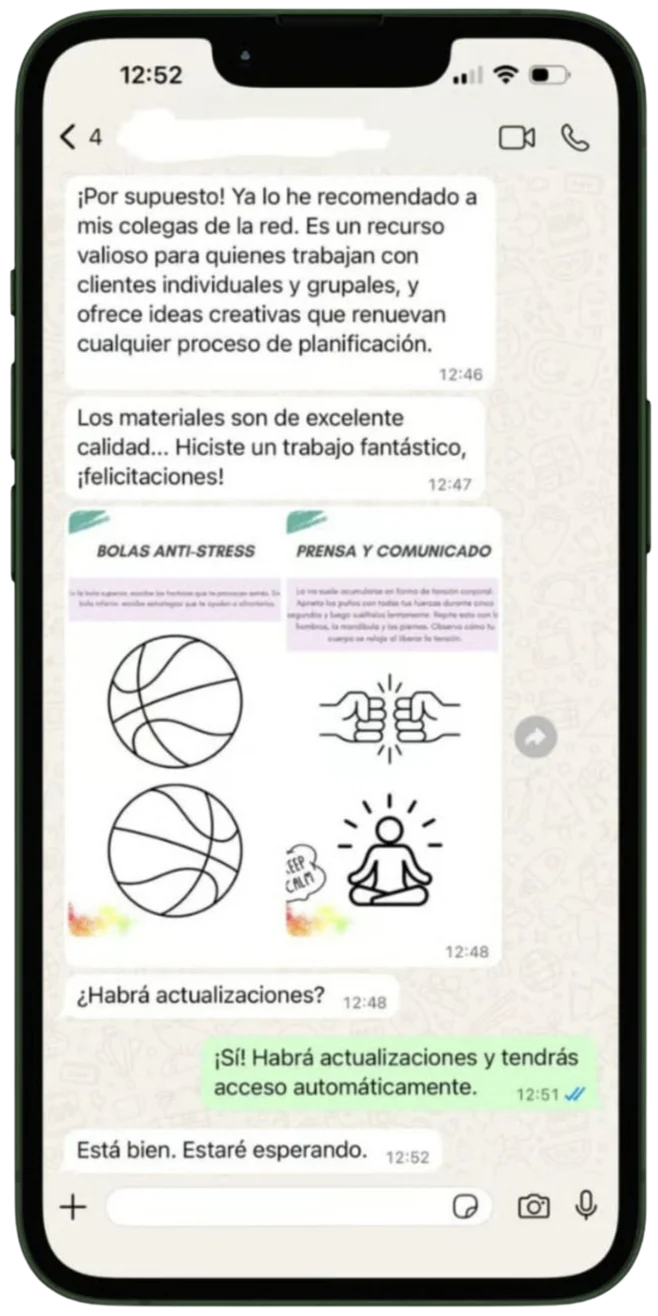 Mensaje de WhatsApp: ya lo recomendé a mis colegas, materiales de excelente calidad