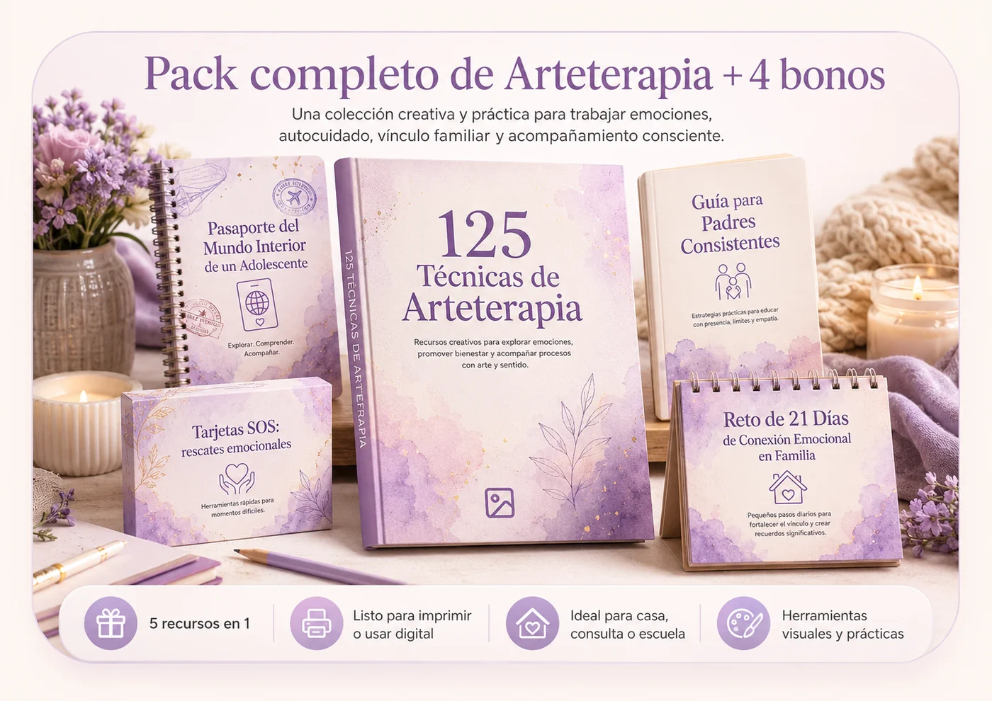 Pack completo de Arteterapia con 125 técnicas más 4 bonos: guía para adolescentes, tarjetas SOS, guía para padres y reto de 21 días