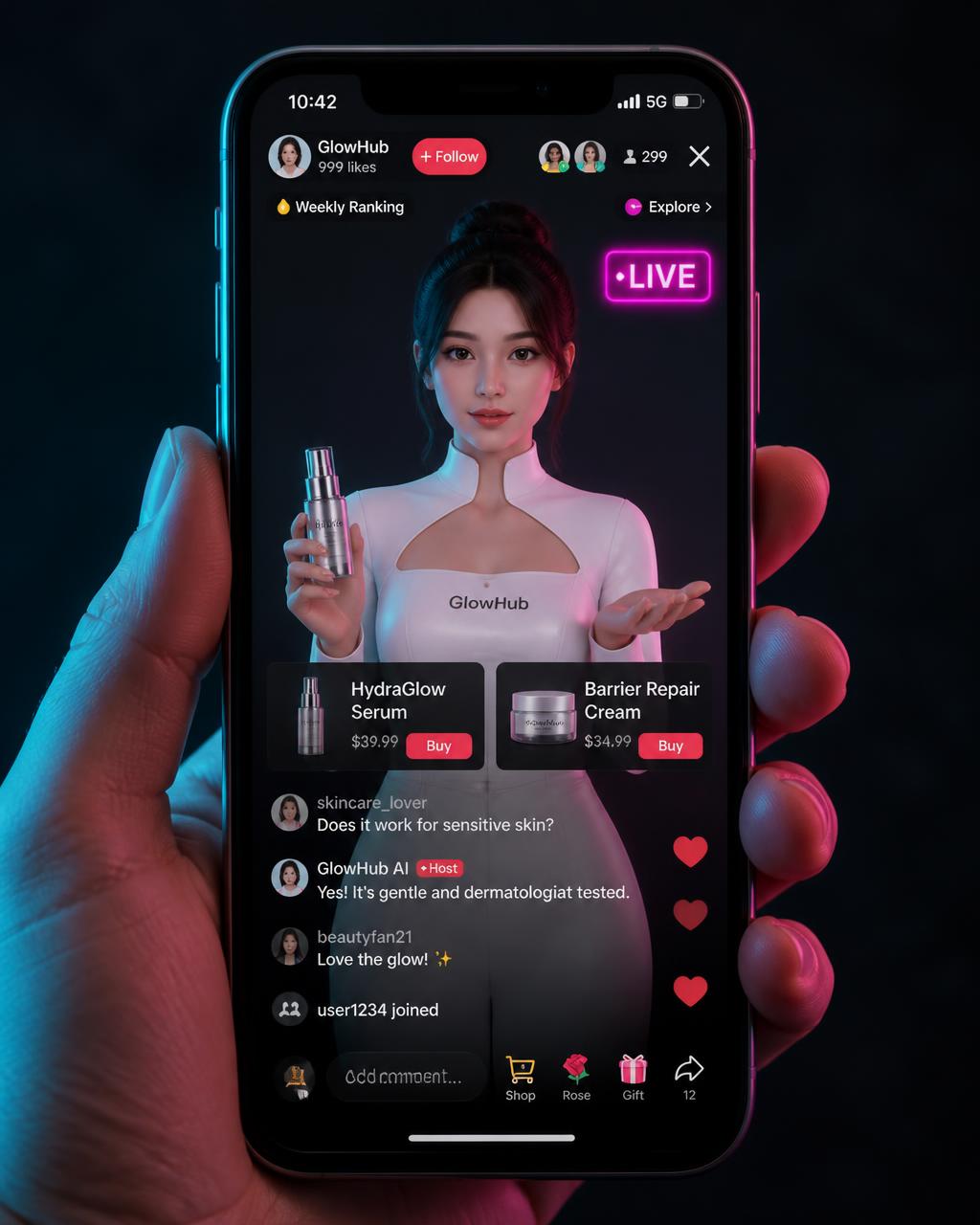 Celular exibindo uma live de vendas no TikTok Shop conduzida por um apresentador de inteligência artificial
